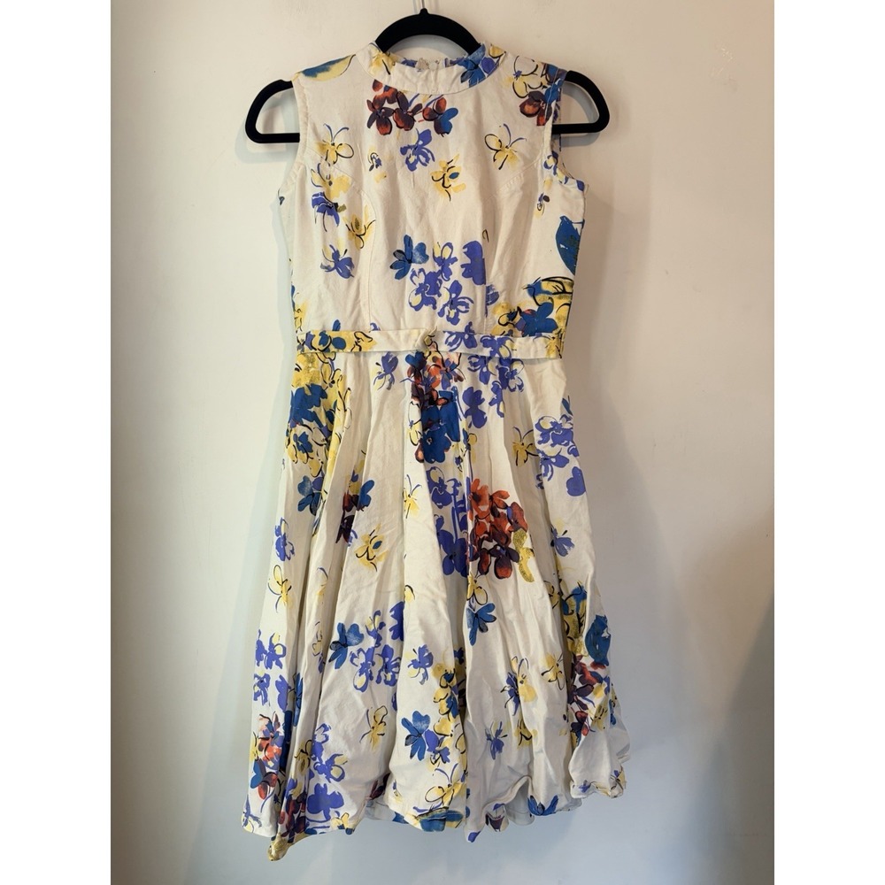 Handmade Cottagecore Floral Dress S Fit Flare Cream Blue Yellow Midi Sleeveless‎